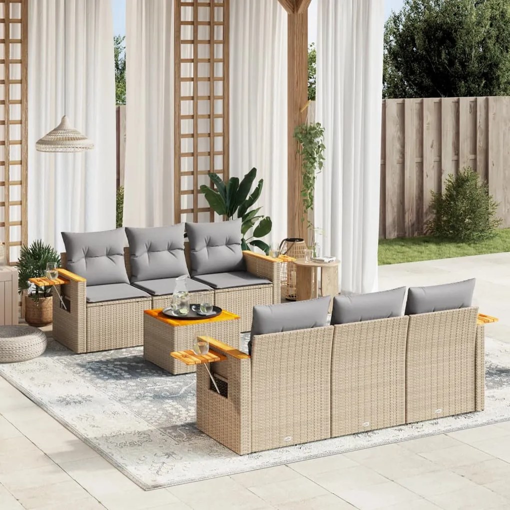 7 pcs conjunto de sofás p/ jardim com almofadões vime PE bege