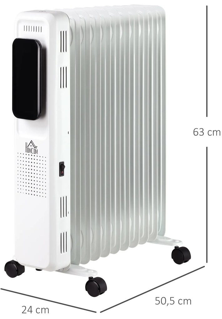 Radiador a Óleo 2290/2720W com 3 Modos de Aquecimento Tela LED Controle Tátil Termostato Temporizador 24H e Rodas Baixo Consumo para 20m² 50,5x24x63cm