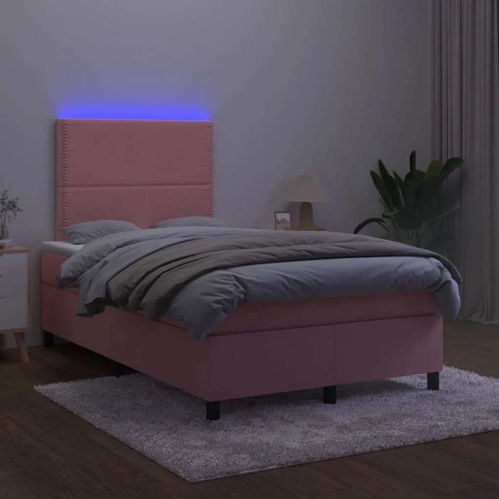 Cama box spring c/ colchão/LED 120x200 cm veludo rosa