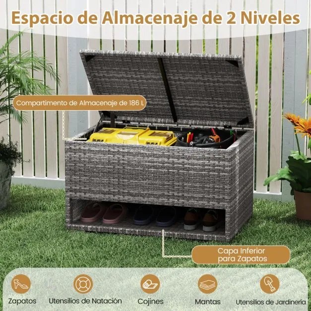 Caixa de armazenamento exterior de rattan com sapateira 95 x 60 x 58 cm com Forro protetor impermeável para Almofadas, terraço Varanda Cinza