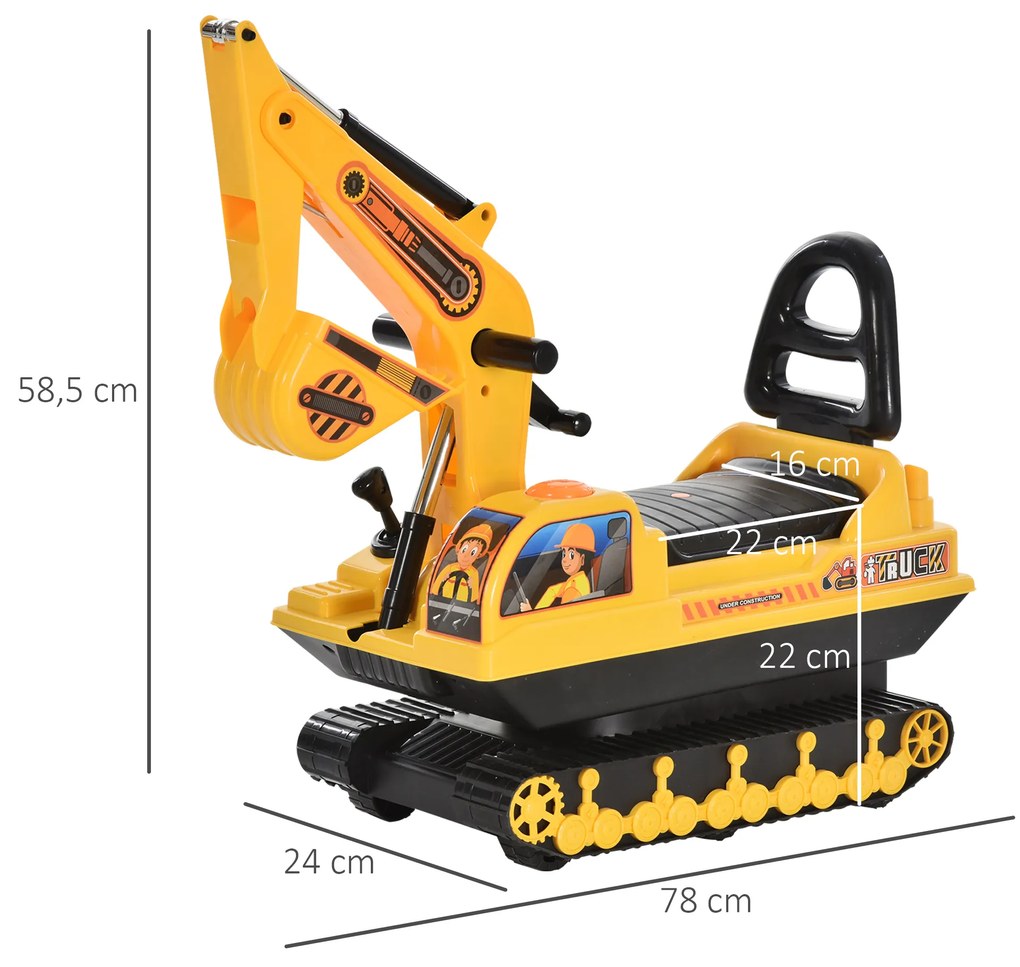 Escavadora sem Pedais com Braço Móvel para bébes Carro Andador com Assento de Armazenamento Pá Dianteira e Buzina 78x24x58,5 cm Amarelo