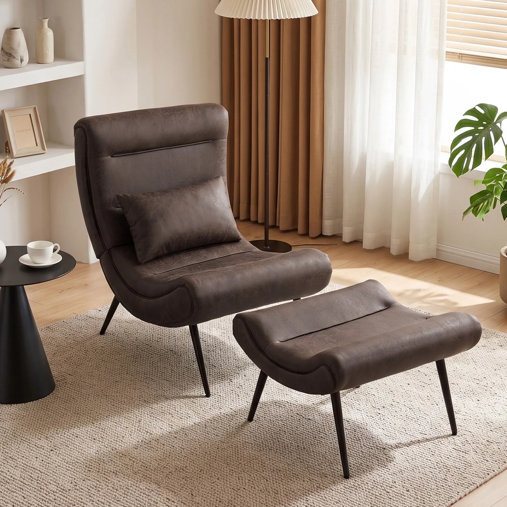 Poltrona retro com apoio para os pés, revestimento em leathaire, assento largo e almofada lombar, castanho-escuro
