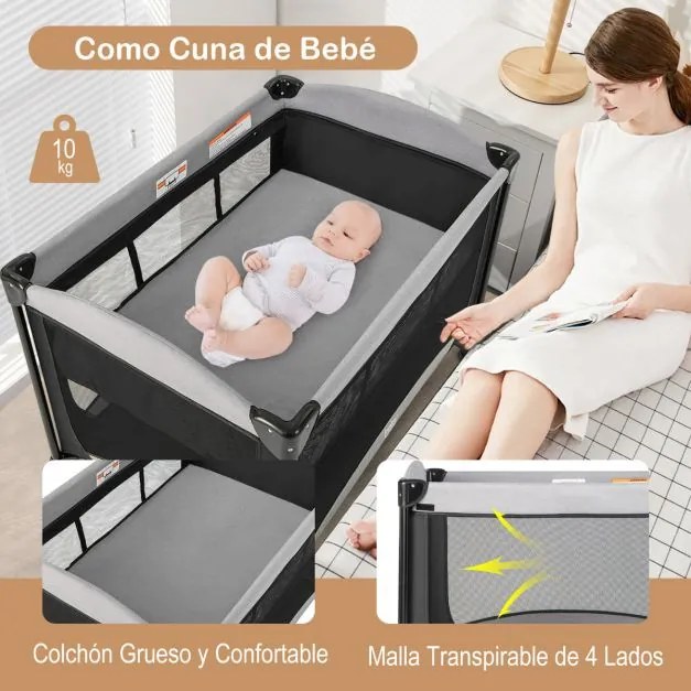Berço para bebés 5 em 1 portátil com muda de fraldas Colchão amovível 2 rodas 110 x 78 x 78 x 78 cm Preto