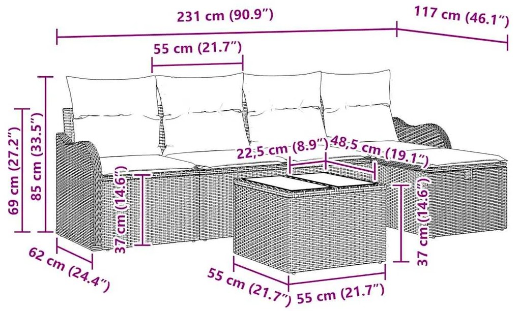 Conjunto de Sofá de Jardim de 6 Peças com Almofadas Castanho Rattan Si