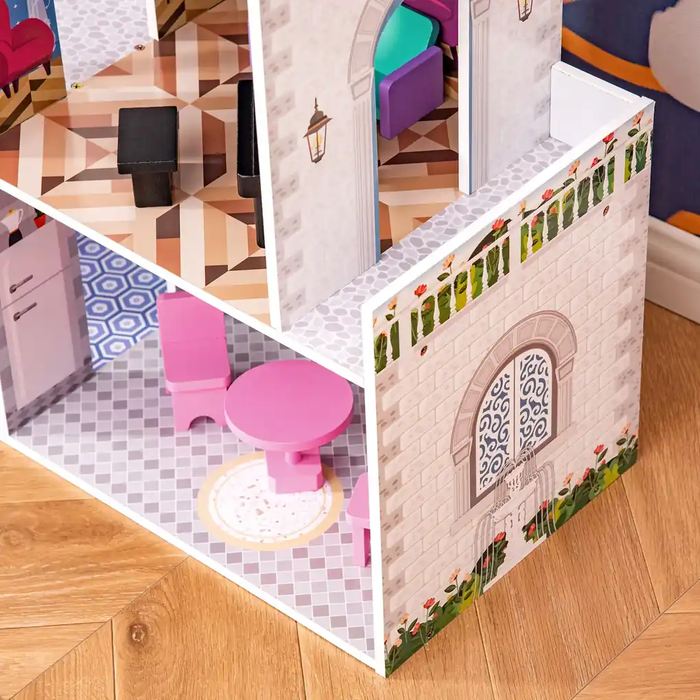 Casa de bonecas de madeira XXL - Com iluminação LED - 3 níveis de jogo -  Incl. Mobiliário/Acessórios para bonecas de 13 cm 