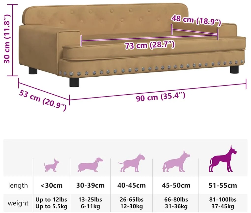 Cama para cães 90x53x30 cm veludo castanho