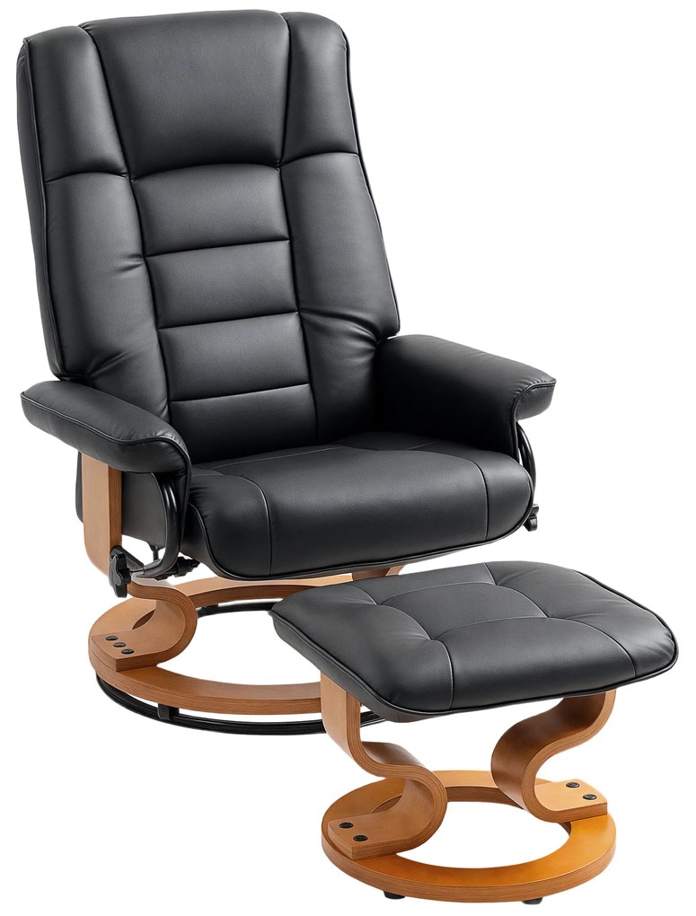 HOMCOM Poltrona de relaxamento reclinável com apoio para os pés, giratória, estrutura em madeira, revestimento sintético preto | Aosom Portugal