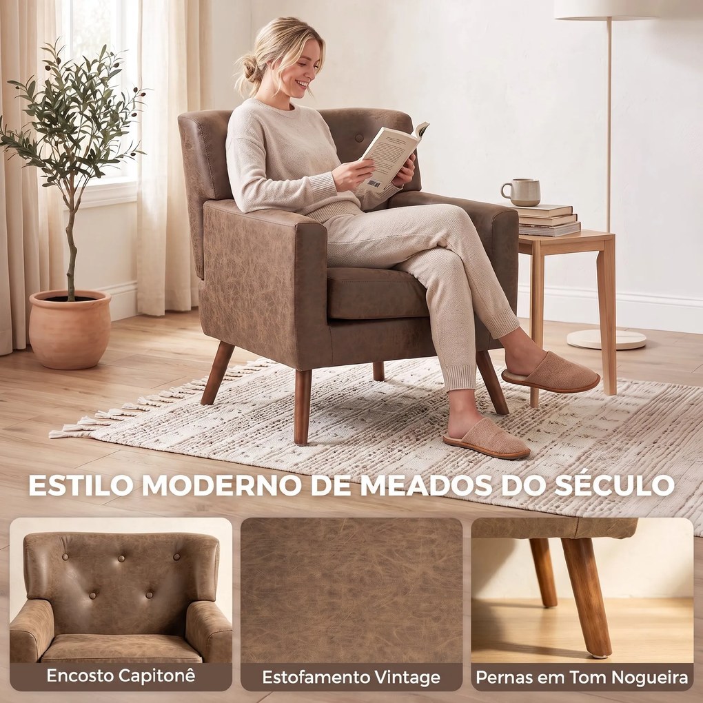 Cadeirão Relax Individual em PU com Almofada de Assento com Molas, Encosto Acolchoado e Pés de Madeira 72x76x80 cm Castanho