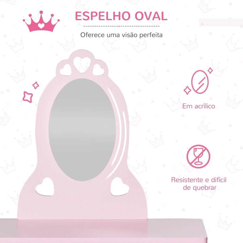 Toucador Infantil de Madeira para Crianças de 3-6 Anos com Banco e Espelho Estilo Princesa Mesa de Maquilhagem Infantil com Gaveta para Dormitório 60x