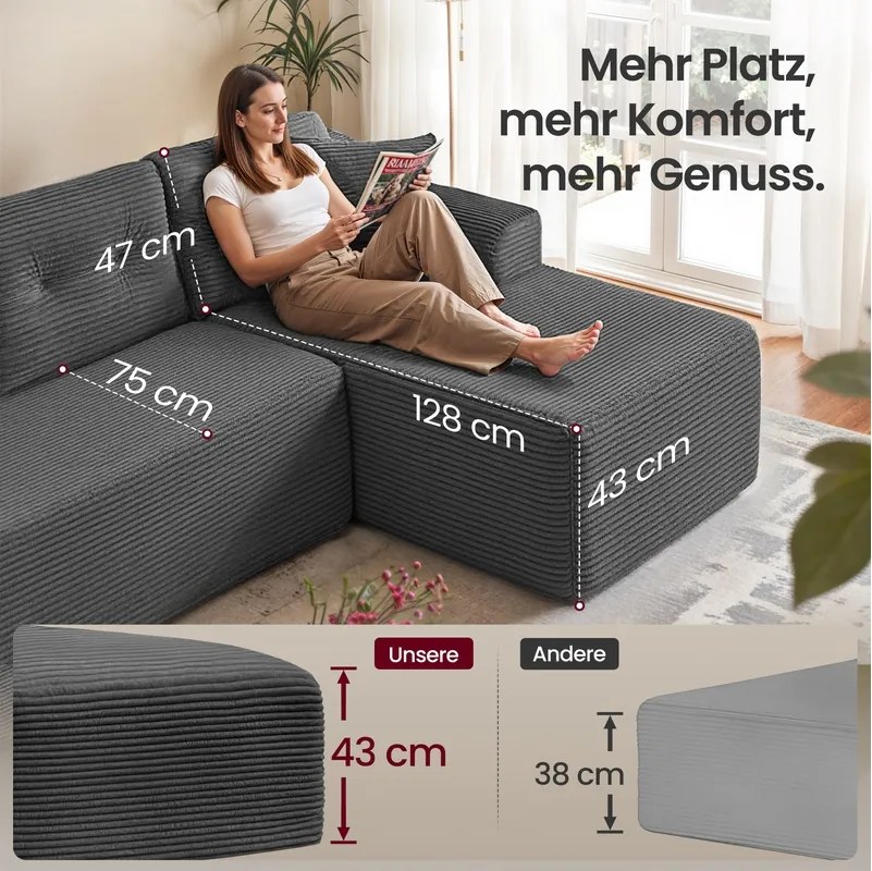 Sofá de canto modular Sem Montagem 150 x 244 x 73 cm com chaise longue grande à direita, cinza ardósia