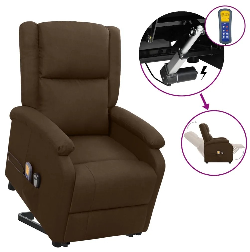 vidaXL Poltrona elevatória de massagens tecido castanho-escuro