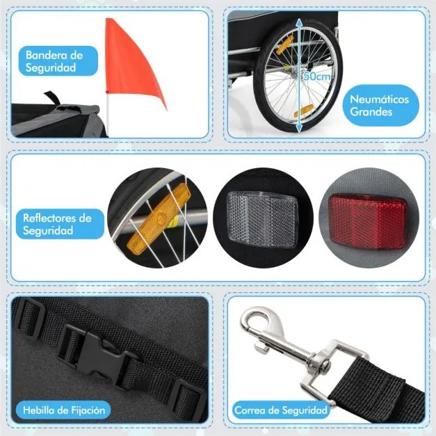 Reboque de bicicleta para animais de estimação com rodas Capacidade 40 kg Transportador de 2 portas para cães médios 60,5 x 135 x 95 cm Cinza