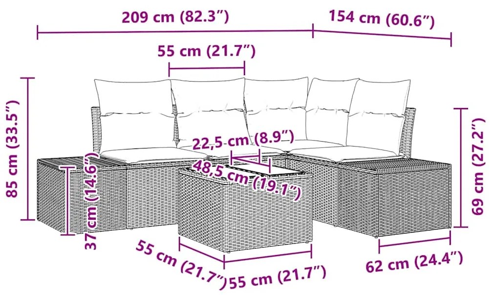 Conjunto de Sofá de Jardim 5 Peças com Almofadas Cinza de Rattan e Pol
