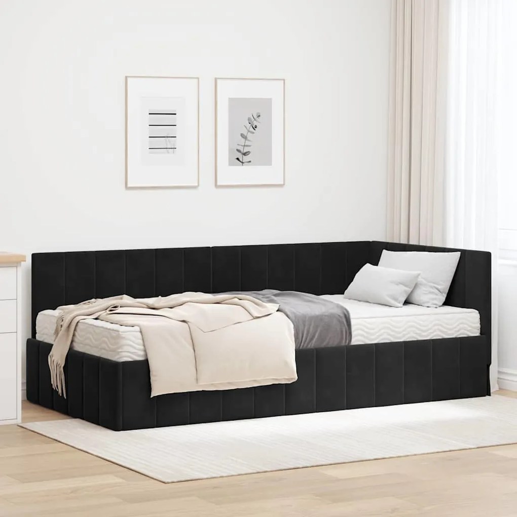 vidaXL Estrutura de Cama de Canto com Colchão 2 pcs Preto Veludo