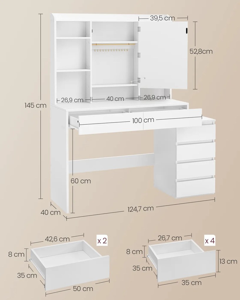 Toucador com espelho LED (BANCO NÃO INCLUIDO) e tomada múltipla 40 x 124,7 x 145 cm Coleção Kailyn branco