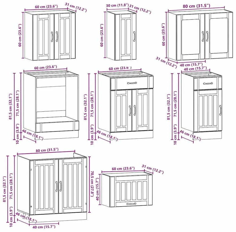 8 peças armário de cozinha conjunto Kalmar cinzento cimento
