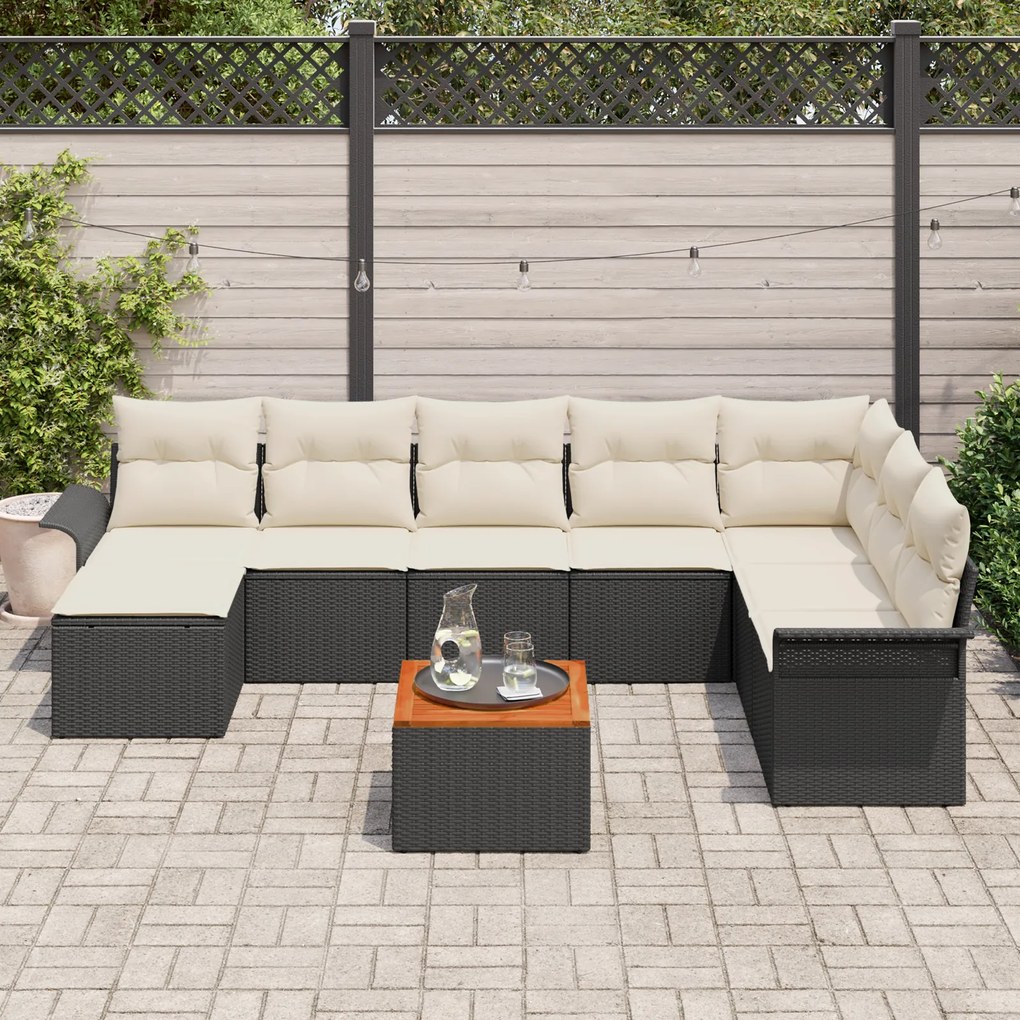 Conjunto de Sofá Jardim vidaXL 9 Peças com Almofadas Preto Rattan Poli