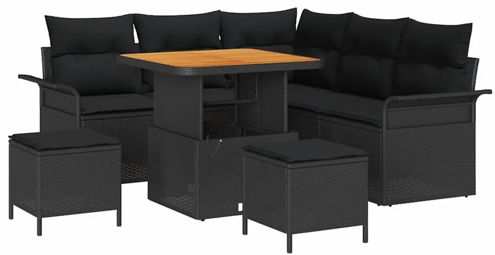 Conjunto de Sofá de Jardim com 8 peças, almofadas pretas, rattan, poli