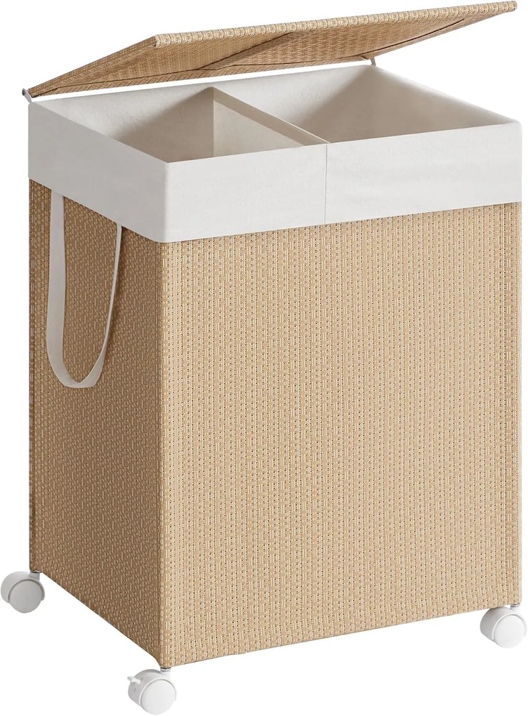 SONGMICS HOME Cesto de roupa suja 2 compartimentos Cesto de roupa suja 100 L Separador de roupa suja sobre rodas com tampa Saco de roupa suja com alças Rattan Look para lavanderia Banheiro Bege natural Branco fosco LCB601N01