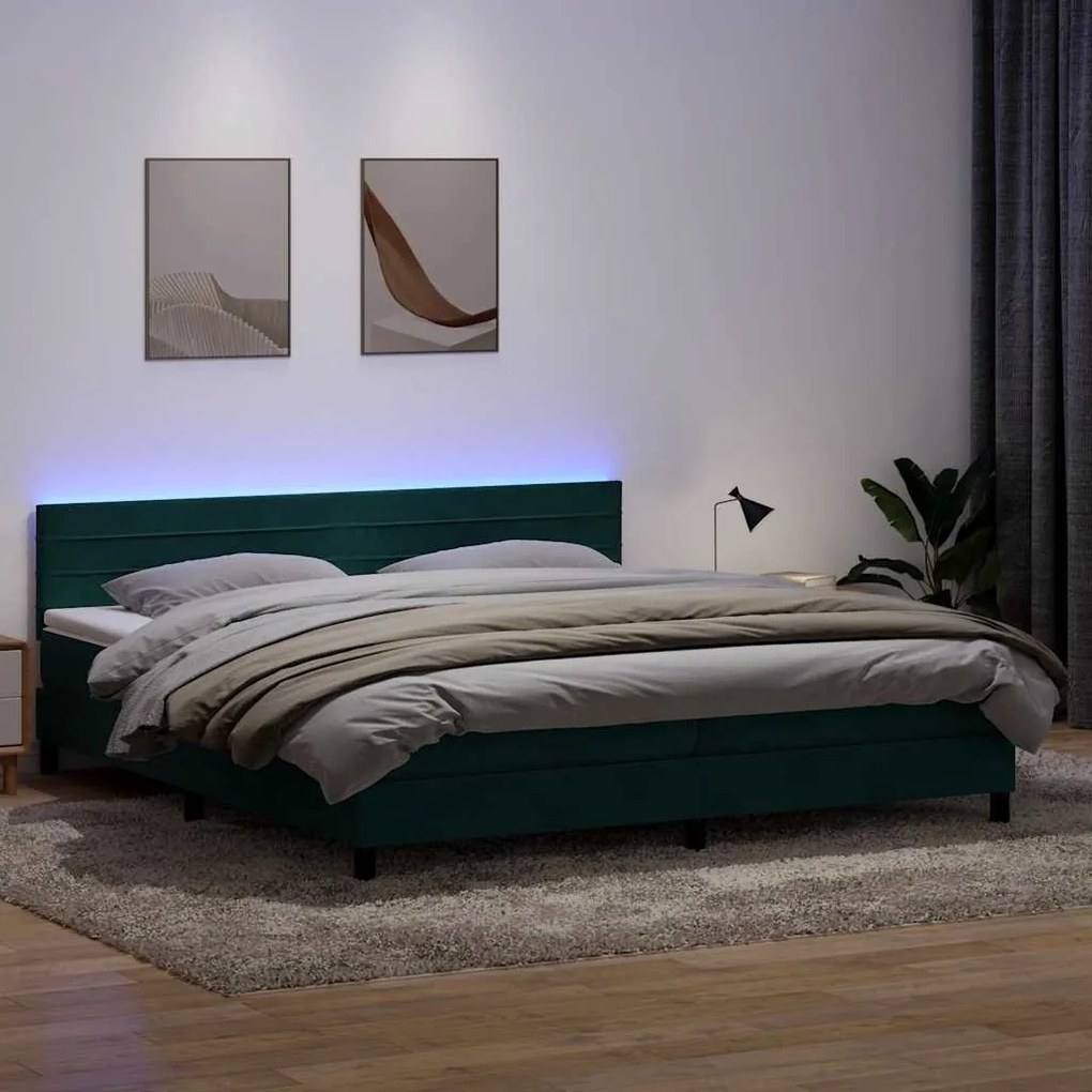 vidaXL Cama box spring c/ colchão e LED 180x210 cm veludo verde-escuro