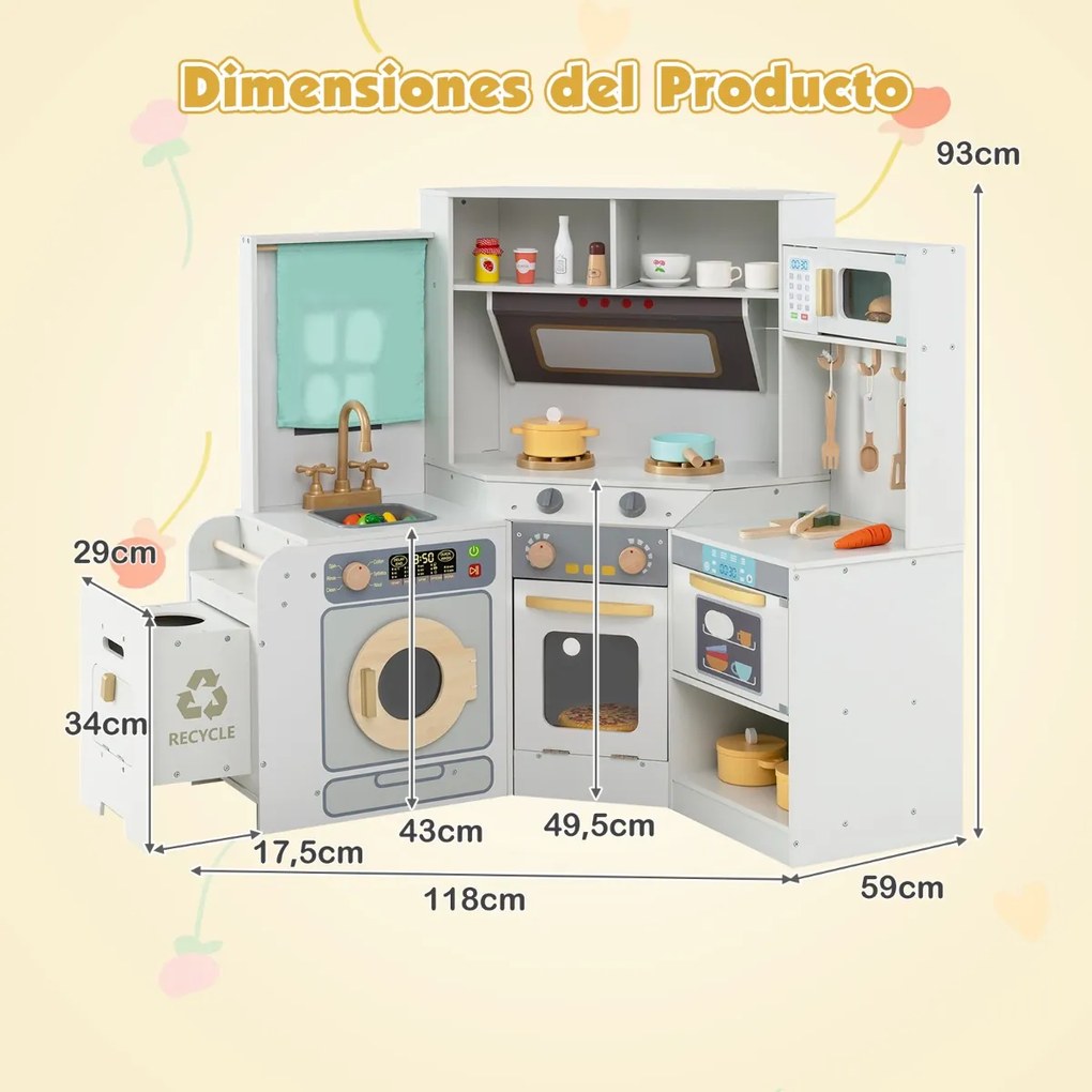 Cozinha de brincar de canto com luzes e sons. Inclui lava-loiça, fogão, micro-ondas, forno, máquina de lavar e acessórios para crianças com mais de 3