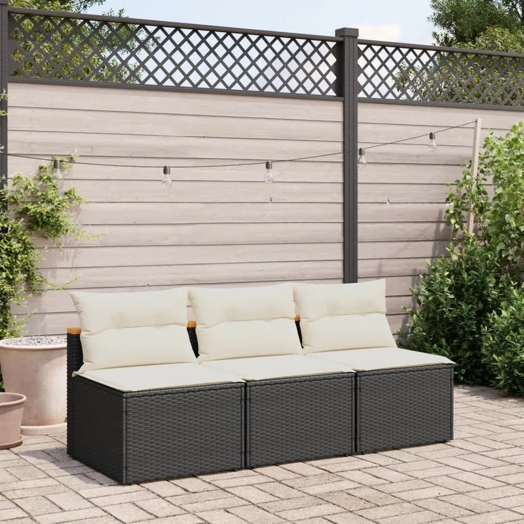 vidaXL Sofás de jardim sem braços com almofadões 2 pcs vime PE preto