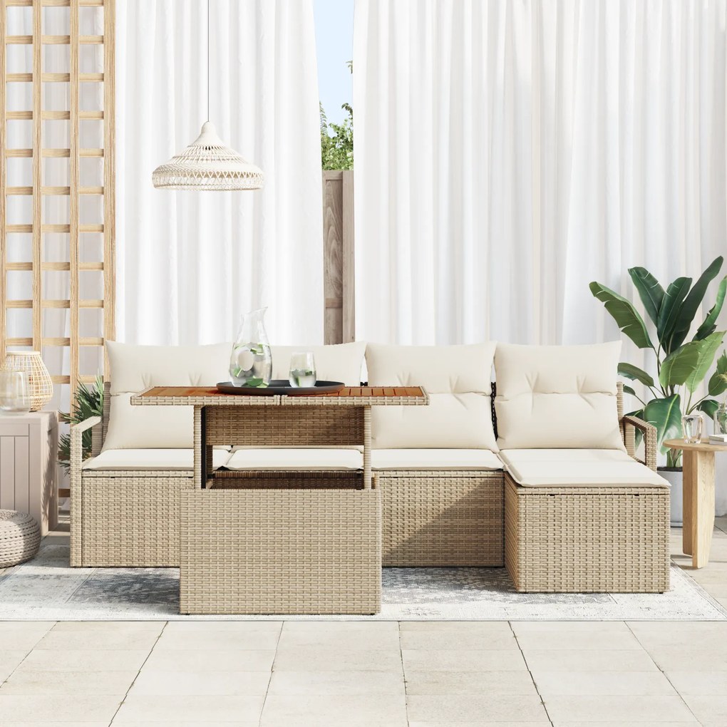 Conjunto de Sofás de Jardim vidaXL 6 Peças com Almofadas Bege Rattan P