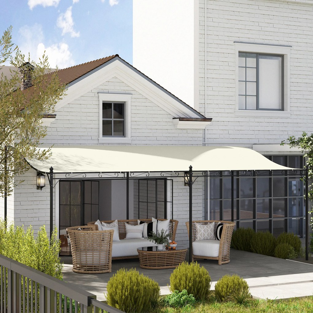 Pérgola de Parede 591x298x200-253 cm Pérgola com Teto de Poliéster Impermeável e Estrutura Metálica Creme