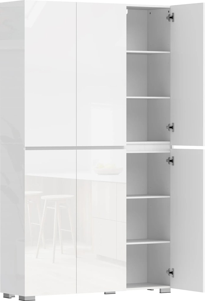 HOMCOM Aparador Alto de Cozinha Armário de Cozinha Alto Brilho 6 Portas com Fecho Suave Prateleiras Reguláveis Branco | Aosom Portugal