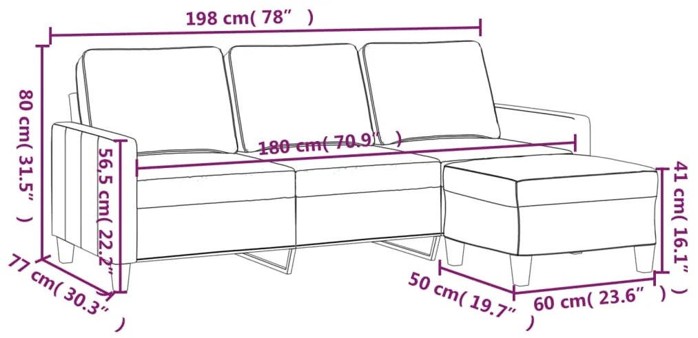Sofá de 3 lugares com apoio de pés 180 cm tecido cinzento-claro