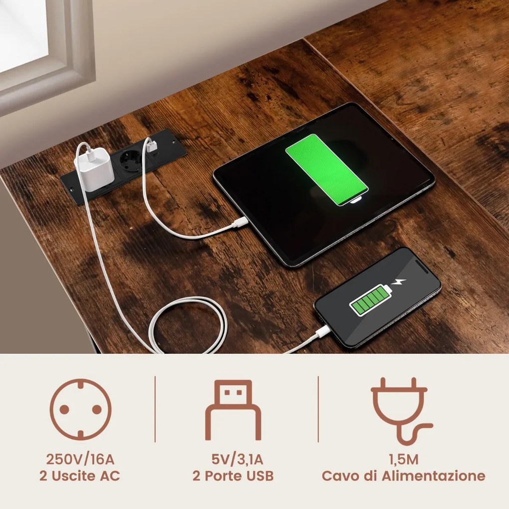Mesa de canto em L com tomadas e portas USB 120 x 120 x 75 cm preta