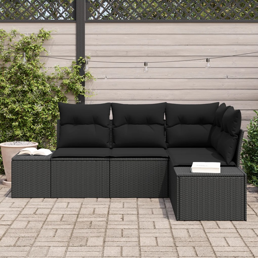 Conjunto de Sofá de 4 Peças com Almofadas Preto Rattan Poli