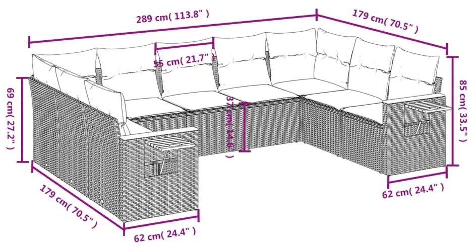9 pcs conjunto sofás p/ jardim com almofadões vime PE cinzento