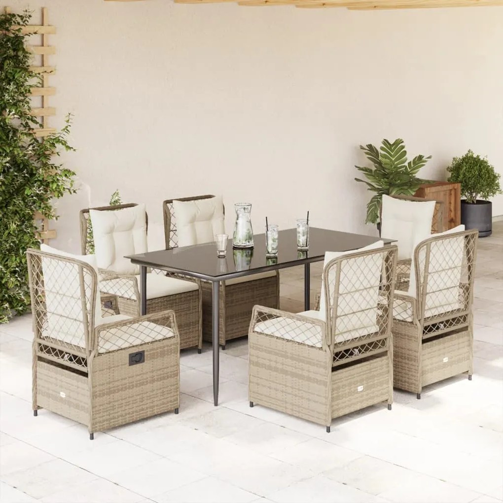 vidaXL 7 pcs conjunto de jantar p/ jardim com almofadões vime PE bege