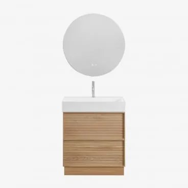 Conjunto De Móvel De Casa De Banho 70x50 Cm Em Madeira Com Lavatório Integrado Jolene Madeira Natural & Redondo Led E Anti-embaciamento - Sklum