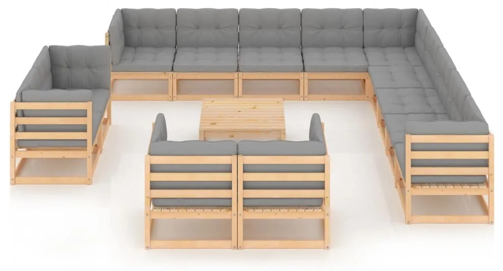 14 pcs conjunto lounge de jardim com almofadões pinho maciço