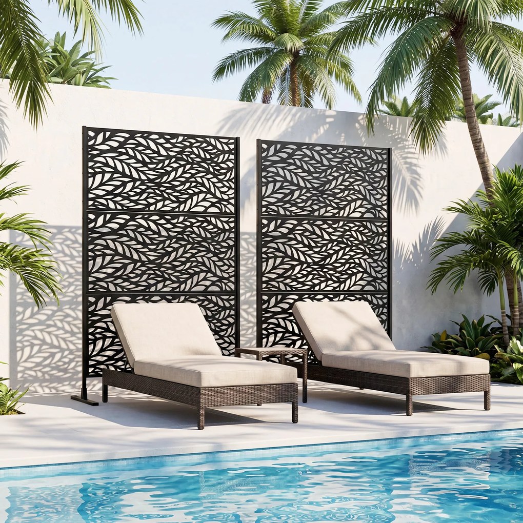 Biombo de Privacidade com Motivo de Folhas, 123 x 45 x 198,5 cm, Estrutura em Metal Galvanizado, Preto