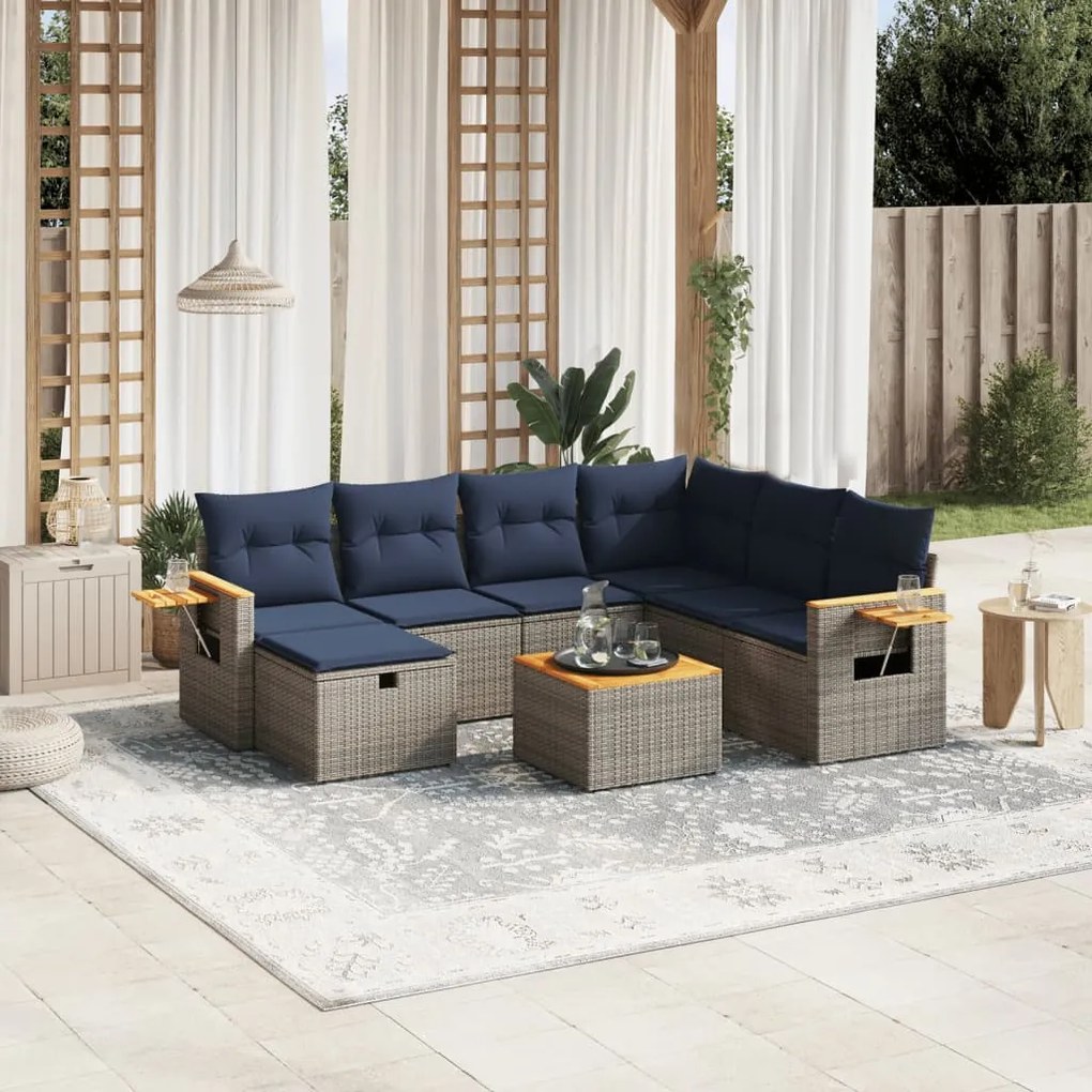 vidaXL 8 pcs conjunto sofás p/ jardim c/ almofadões vime PE cinzento