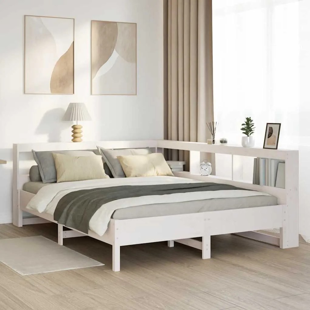 vidaXL Cama com estante sem colchão 140x200 cm pinho maciço branco