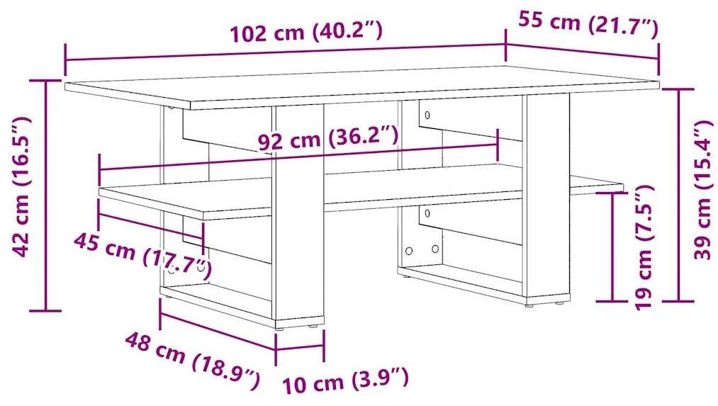 Mesa centro 102x55x42cm derivados de madeira carvalho artisiano