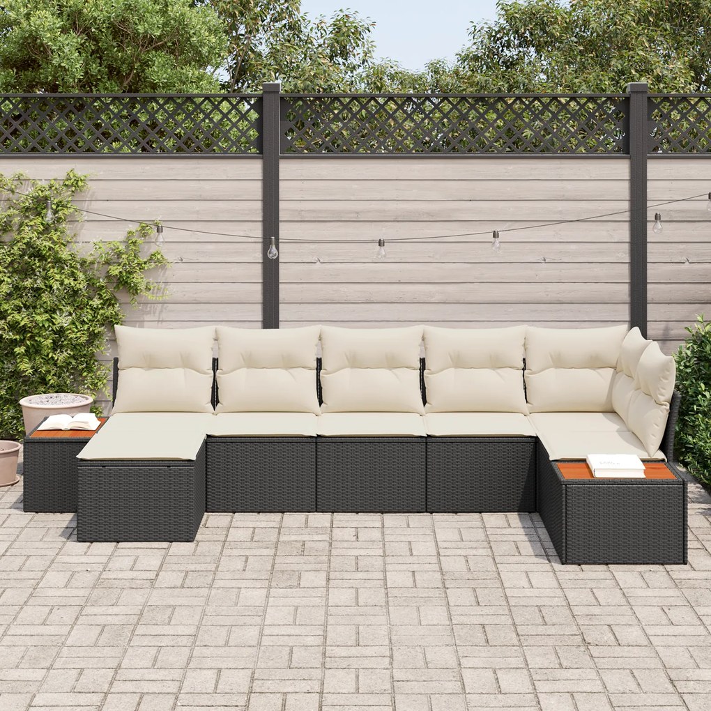 Conjunto de Sofá de Jardim de 7 Peças com Almofadas Preto Rattan Acáci