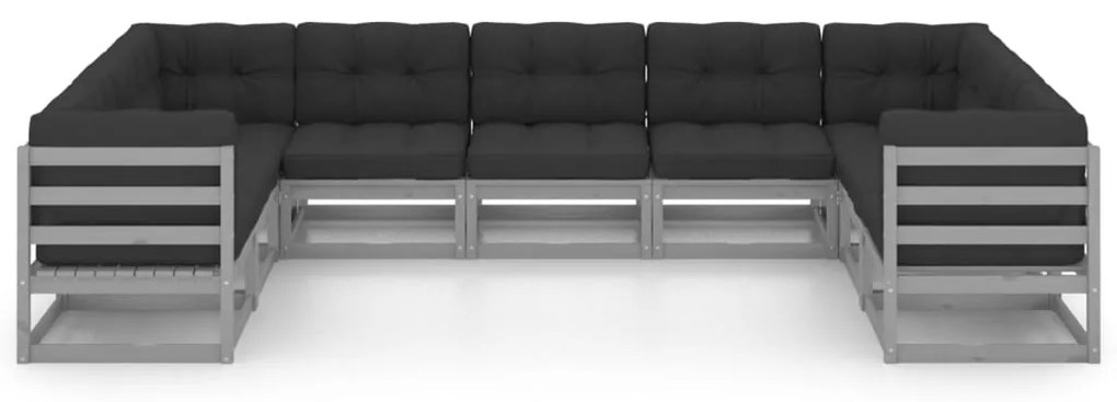 9pcs conjunto lounge de jardim c/ almofadões pinho maciço cinza