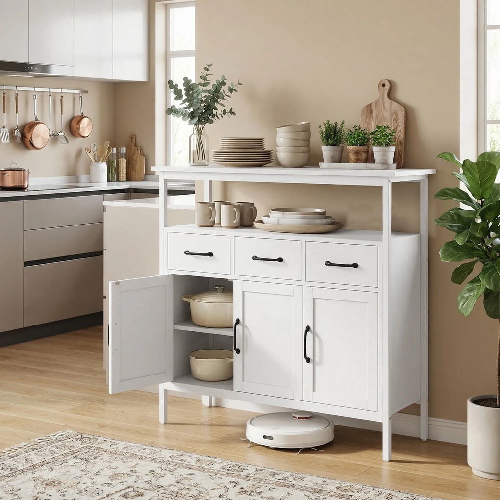 Aparador de cozinha 95 x 35 x 88 cm, móvel de arrumação, 3 portas, 3 gavetas, compartimento aberto e prateleiras ajustáveis, branco