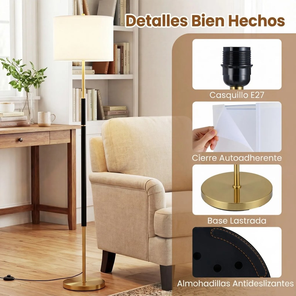 Candeeiro de pé moderno com abajur de linho, interruptor de pé, Estrutura metálica, casquilho E27 e cabo de 2 m para quarto, sala de estar e escritóri