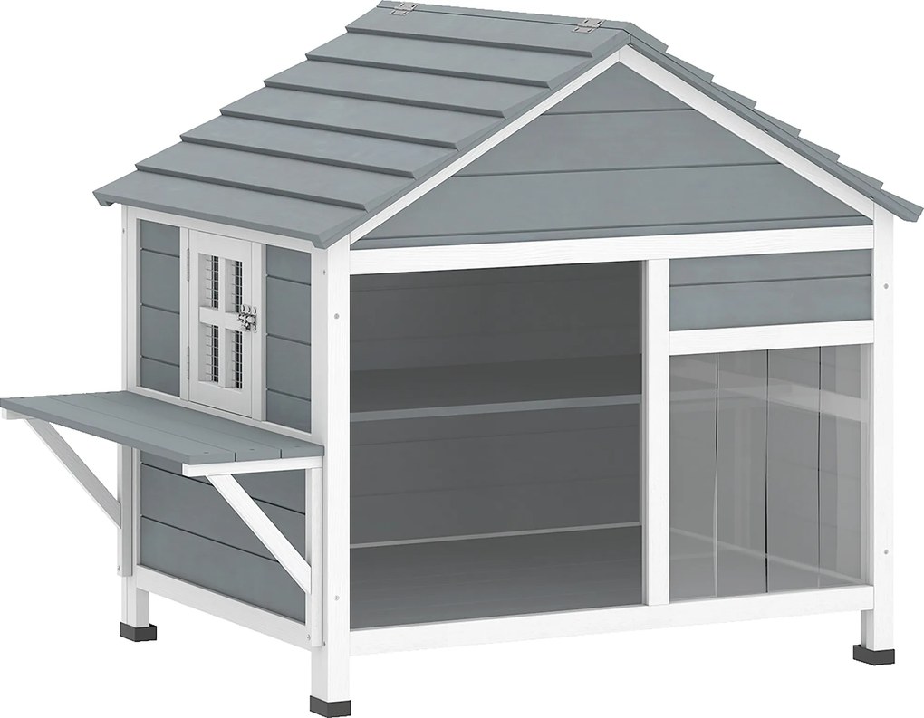 PawHut Casa para Gato de Exterior, Nicho de Madeira com Teto Abrível, Janela Transparente, Portas, Plataforma de Salto | Aosom Portugal