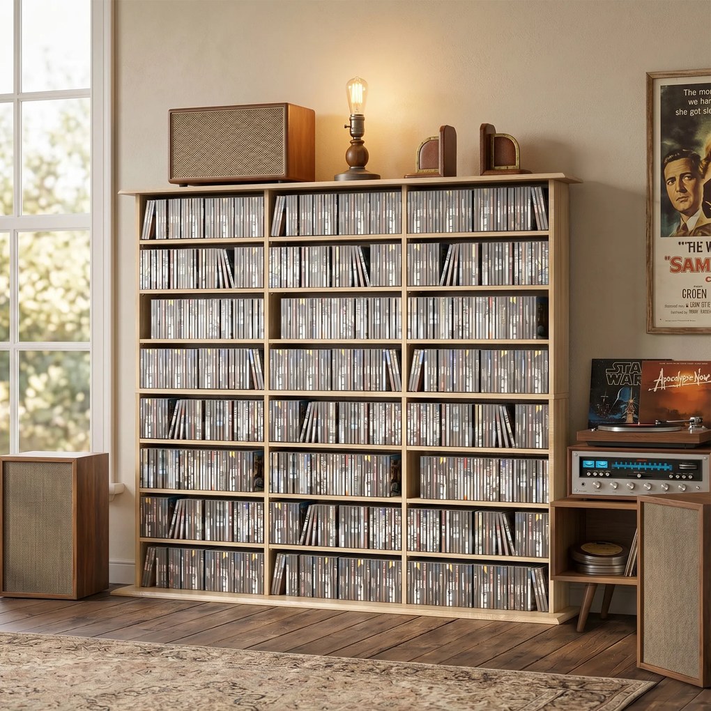 Móvel de arrumação 145 (L) x 24 (P) x 126,3 (A) cm para 1032 CDs / 594 DVDs, estante multimédia, 24 compartimentos e 18 prateleiras ajustáveis, cor ca
