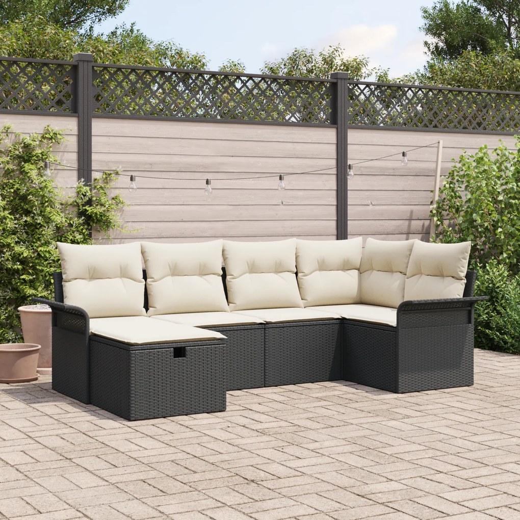 Conjunto de Sofás de Jardim 6 Peças com Almofadas Preto Rattan Poliést