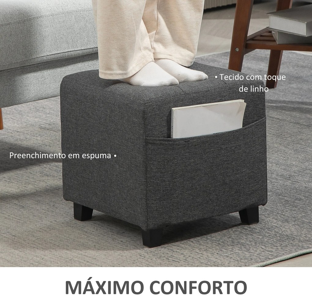 Apoio para os Pés Sala de Estar Banco Estofado em Linho com Bolso Late