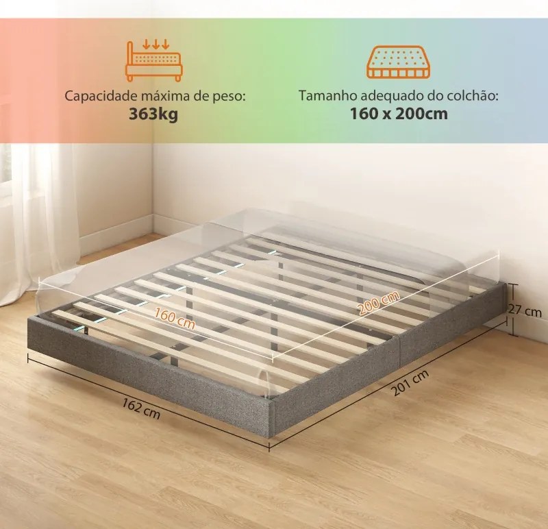 Cama 160x200 cm (COLCHÃO NÃO INCLUIDO) com Luzes LED Estofada em Linho Ripas de Madeira Silenciosa Fácil de Montar Cinzento