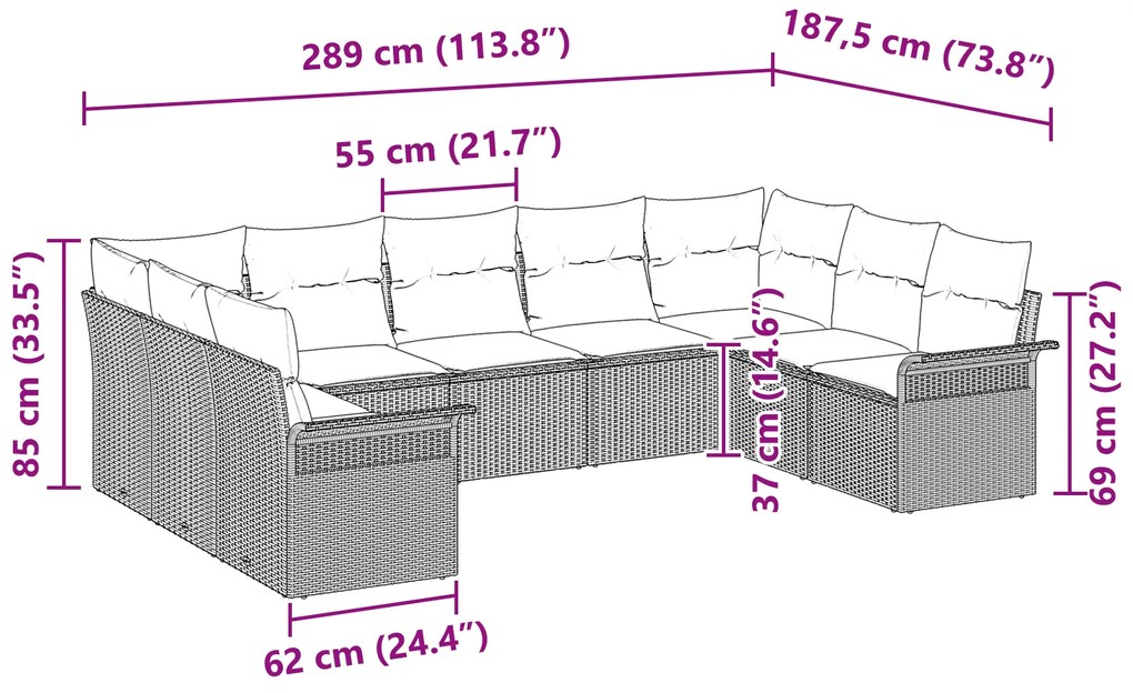 Conjunto de Sofá de Jardim 9 Peças com Almofadas Bege Vime Sintético